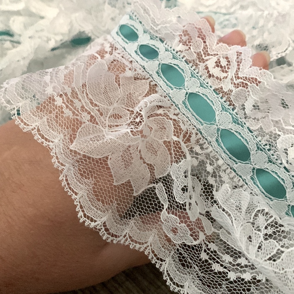 11.5 Yards of Handel Lace Teal Ribbon and White 4inch